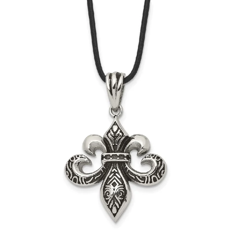 Stainless Steel & Leather Cord Antiqued Fleur de lis Necklace, 20 Inch