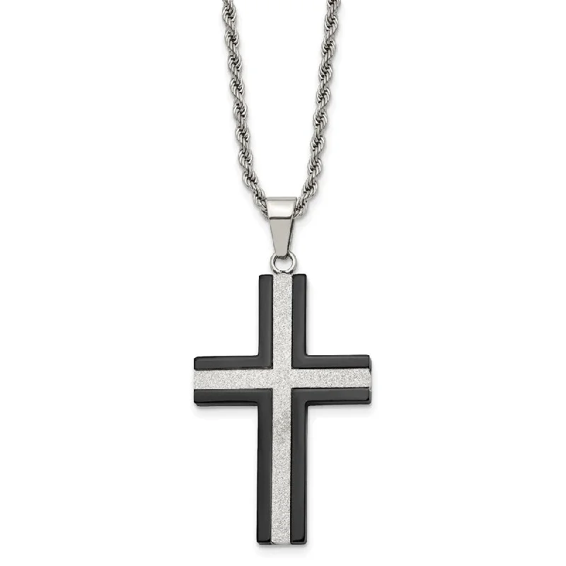 Plaid check necklace-Stainless Steel Polished Black Plated & Laser Cut Cross Necklace, 24in