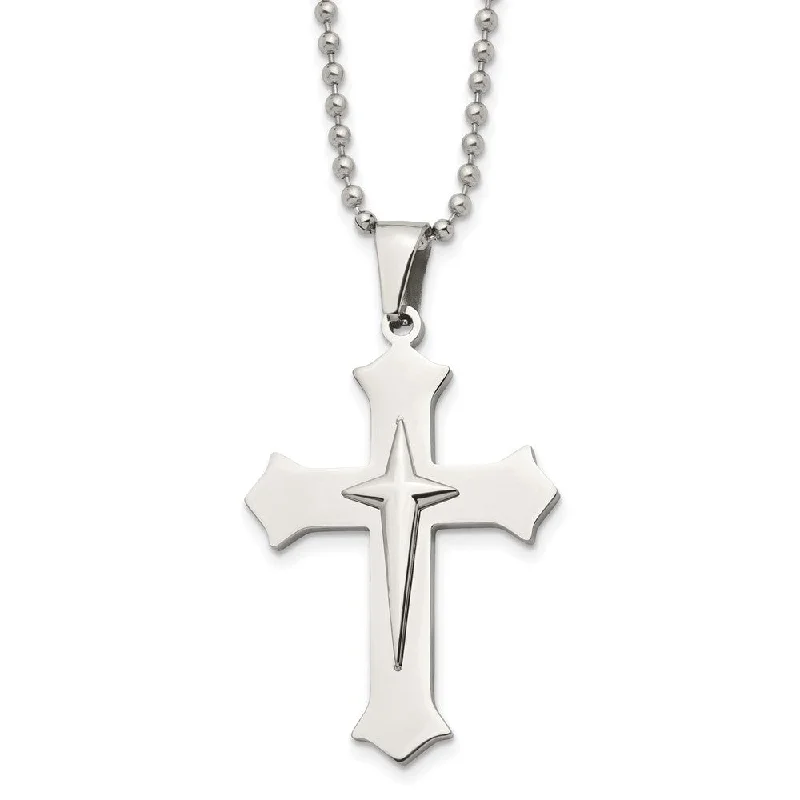 Stainless Steel Polished Double Cross Necklace, 24 Inch