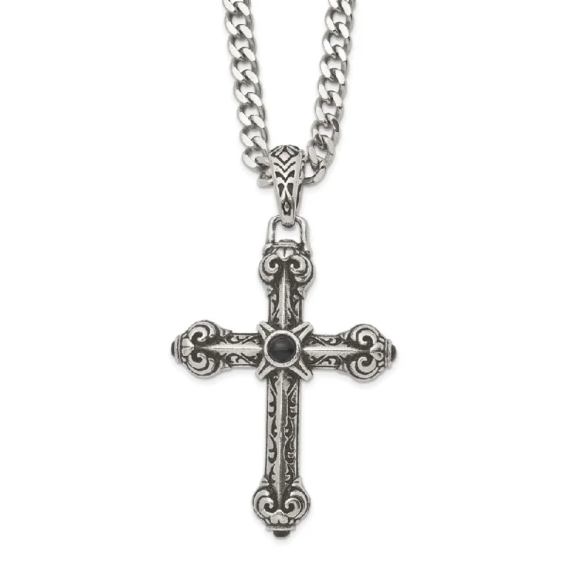 Scythian charm necklace-Stainless Steel Synthetic Black Agate XXL Antique Cross Necklace 24 In