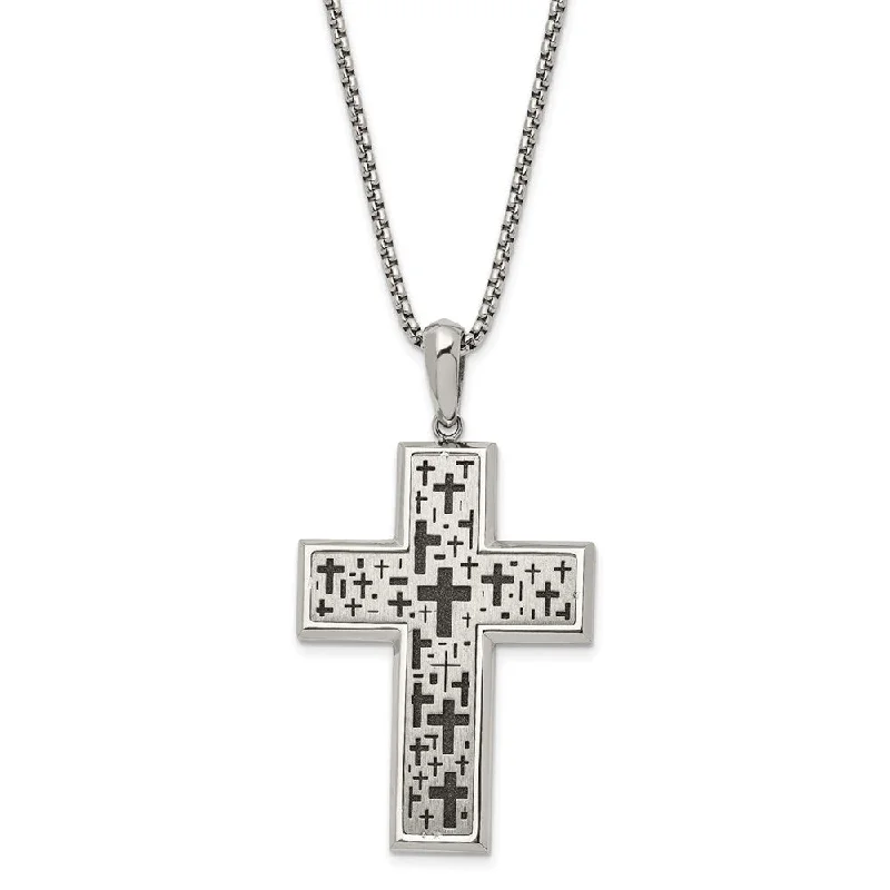 Willow wood necklace-Stainless Steel Two Tone Brushed & Laser Cut Cross Necklace, 24 In