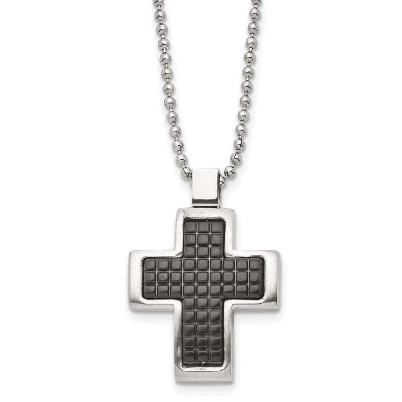 Stainless Steel Two Tone Brushed Polished Convex Cross Necklace, 22 In