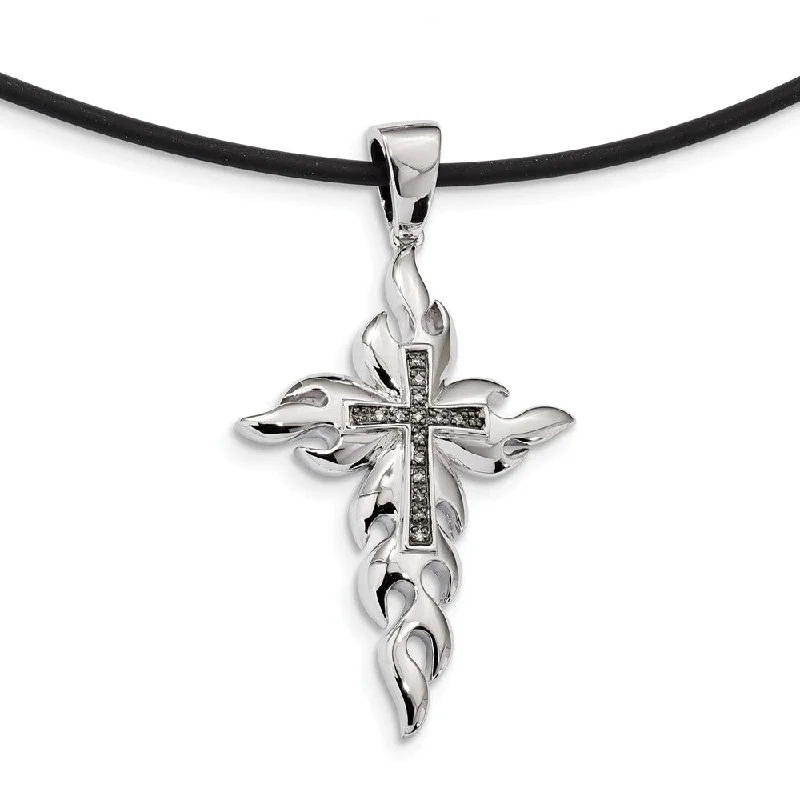 Two Tone Sterling Silver Flaming Diamond Cross & Rubber Cord Necklace