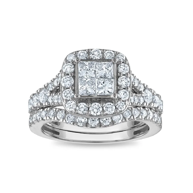 Fine swirl ring-1-1/2 CTW Diamond Halo Bridal Set Ring in 10KT White Gold