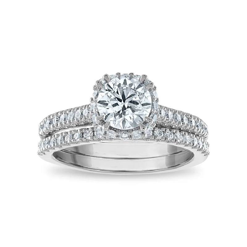 Shining spark ring-Signature EcoLove Diamond Dreams 1-1/2 CTW Lab Grown Diamond Halo Bridal Set in 14KT White Gold