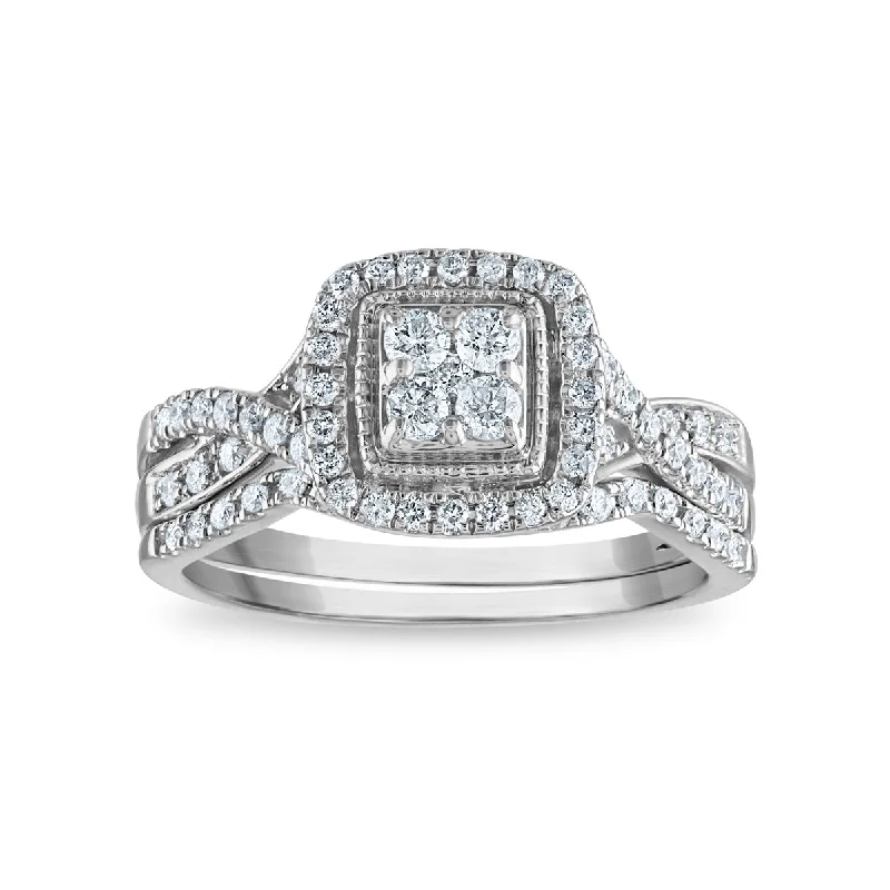 Slim bezel ring-1/2 CTW Diamond Halo Bridal Set in 10KT White Gold