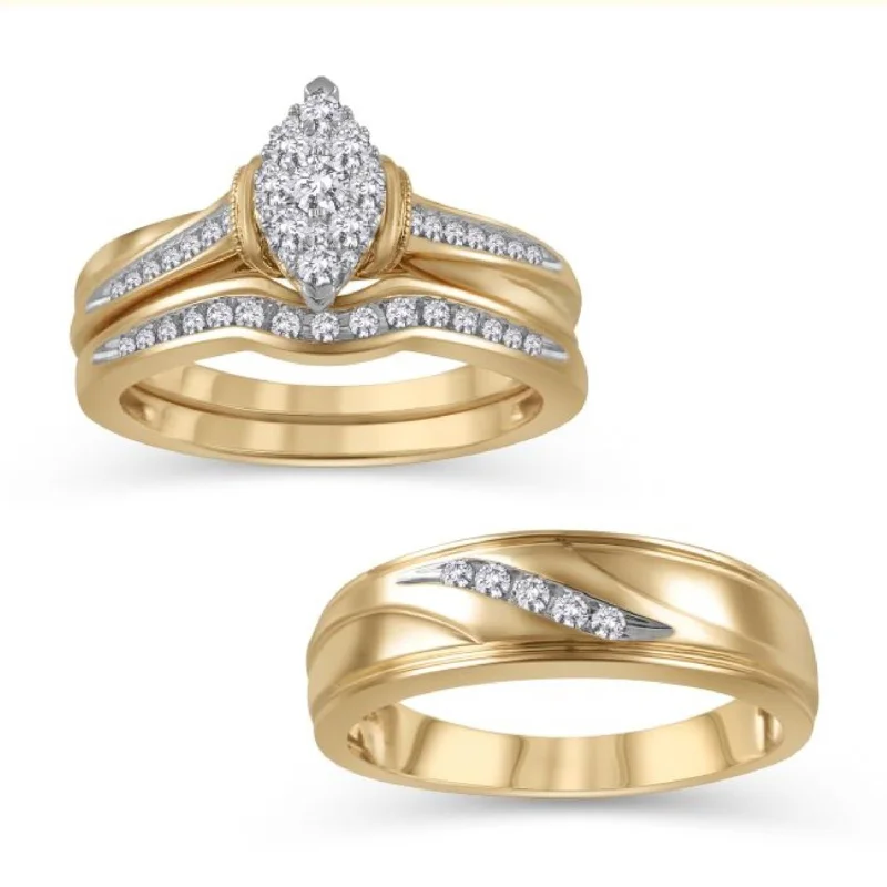 Blended grain ring-1/2 CTW Diamond Wedding Trio Set in 14KT Yellow Gold