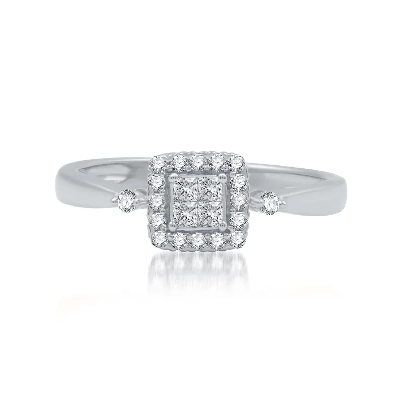 Tidal vortex ring-1/4 CTW Diamond Halo Promise Ring in Rhodium Plated Sterling Silver