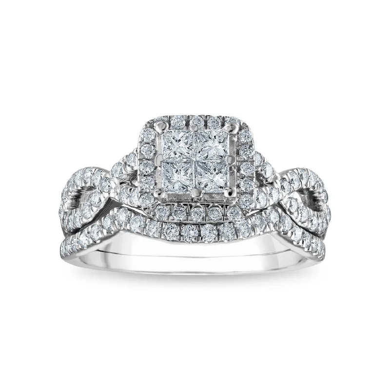 Suede band ring-1 CTW Diamond Halo Bridal Set Ring in 10KT White Gold