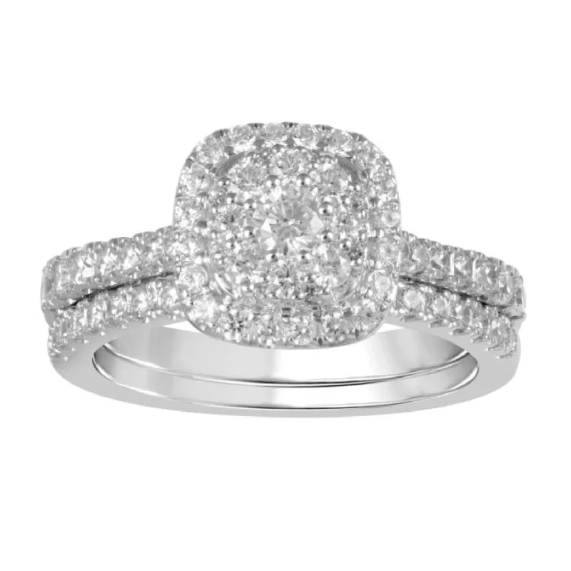 Birch bead ring-LoveSong EcoLove 1 CTW Lab Grown Diamond Cluster Halo Bridal Set in 10KT White Gold