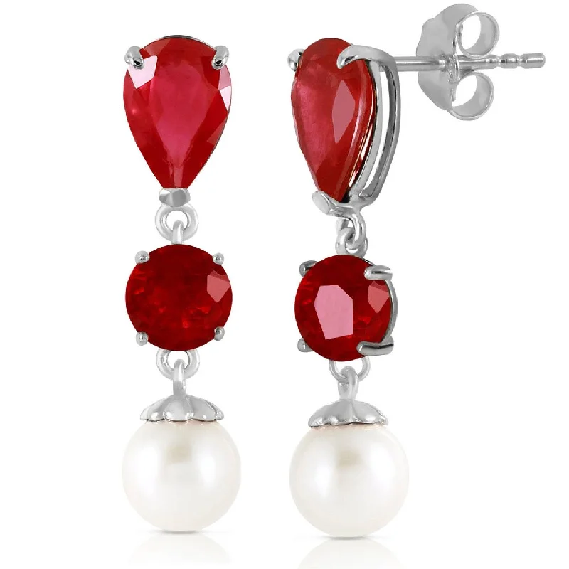 Linen weave earrings-10.1 Carat 14K Solid White Gold Chandelier Earrings Ruby Pearl