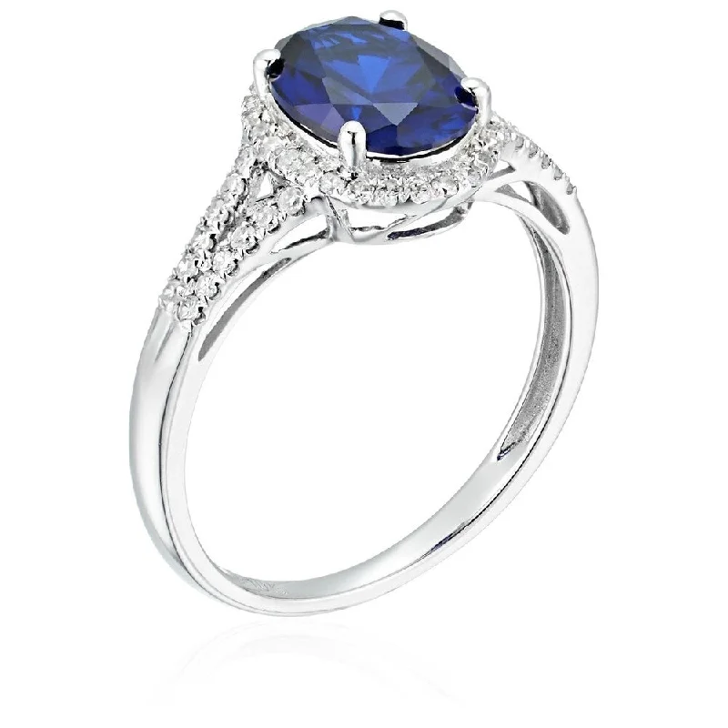 Micro stud ring-10k White Gold Created Blue Sapphire & Diamond Ring