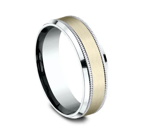 Smooth stone ring-10K White & Yellow Gold Men's Wedding Ring with Satin Center, Milgrain and Polished Edge