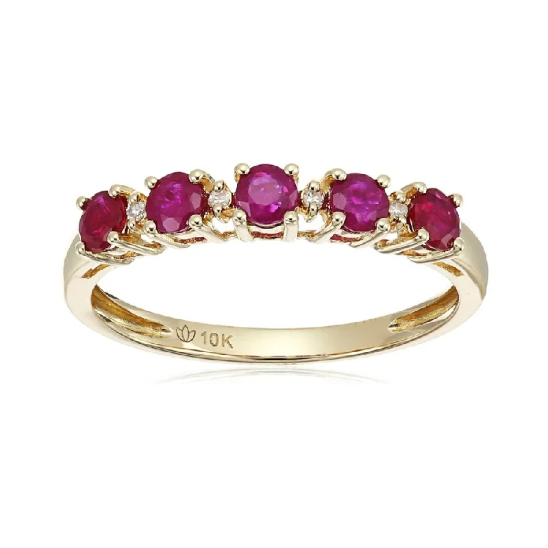 Plaid check ring-10k Yellow Gold Ruby and Diamond Accented Stackable Ring