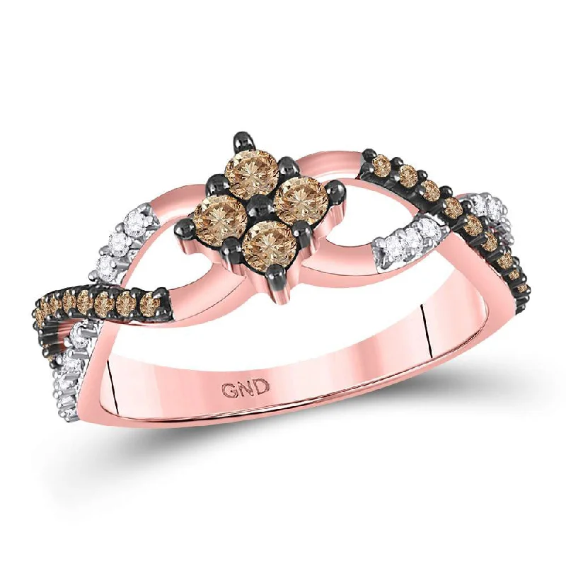 Sealed stone ring-10kt Rose Gold Womens Round Brown Diamond Cluster Twist Ring 1/2 Cttw