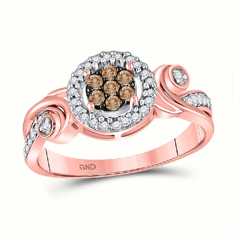 Mesh grid ring-10kt Rose Gold Womens Round Brown Diamond Fashion Cluster Ring 1/4 Cttw