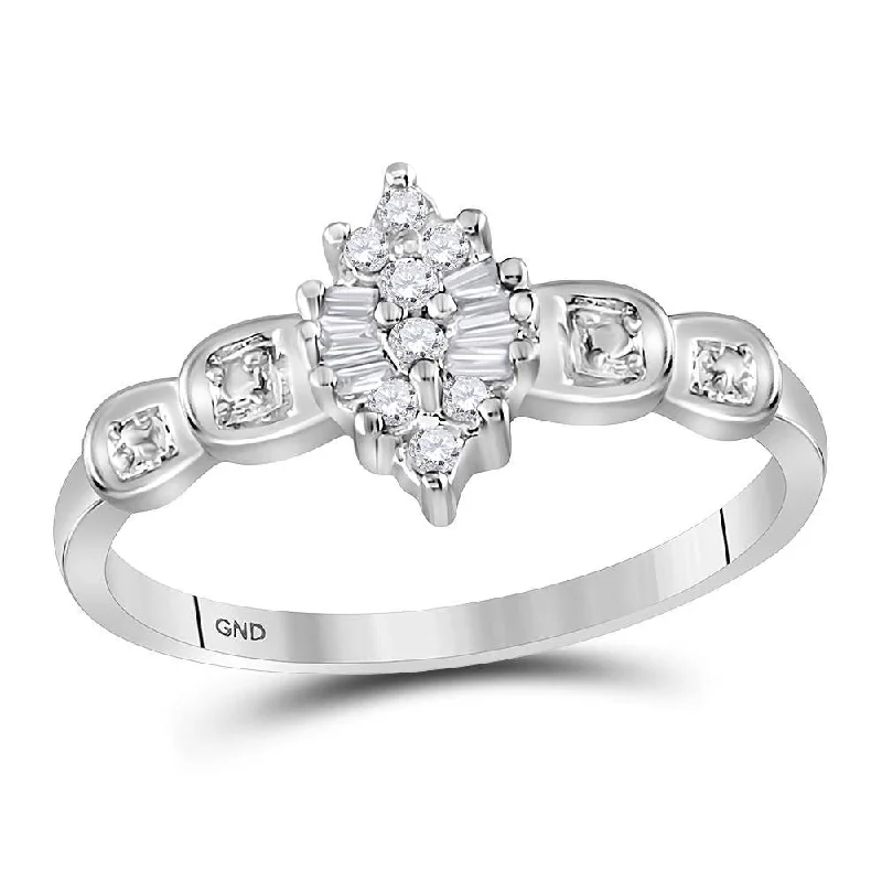 Hammered wedding ring-10kt White Gold Womens Round Baguette Prong-set Diamond Oval Cluster Ring 1/10 Cttw