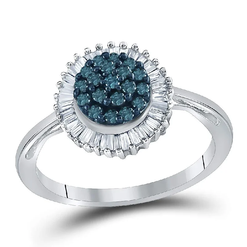 Twin gem ring-10kt White Gold Womens Round Blue Color Enhanced Diamond Framed Cluster Ring 1/2 Cttw