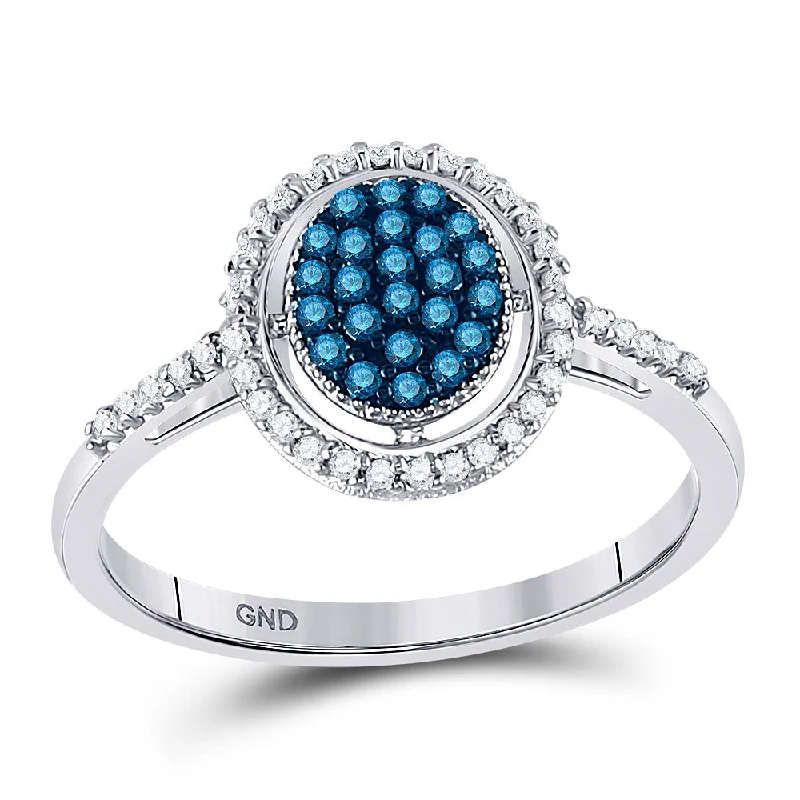 Tidal vortex ring-10kt White Gold Womens Round Blue Color Enhanced Diamond Oval Frame Cluster Ring 1/4 Cttw