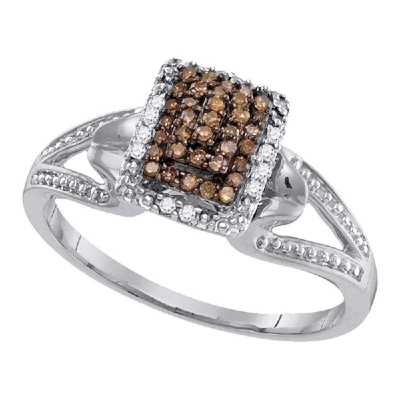 Tiered gem ring-10kt White Gold Womens Round Brown Diamond Cluster Ring 1/5 Cttw