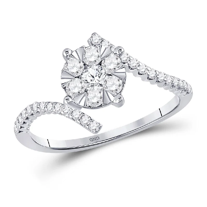 Crest stone ring-10kt White Gold Womens Round Diamond Bypass Flower Cluster Ring 1/2 Cttw