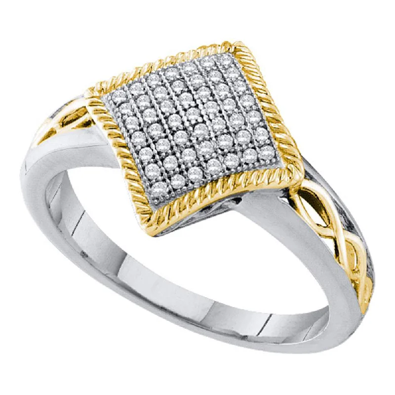 Cracked rind ring-10kt White Gold Womens Round Diamond Diagonal Square Milgrain Frame Cluster Ring 1/6 Cttw