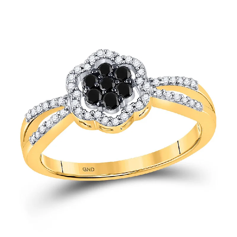 Ridge crown ring-10kt Yellow Gold Womens Round Black Color Enhanced Diamond Flower Cluster Ring 1/3 Cttw