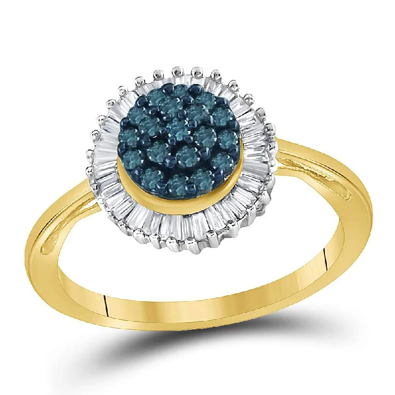 Ochre topaz ring-10kt Yellow Gold Womens Round Blue Color Enhanced Diamond Framed Cluster Ring 1/2 Cttw