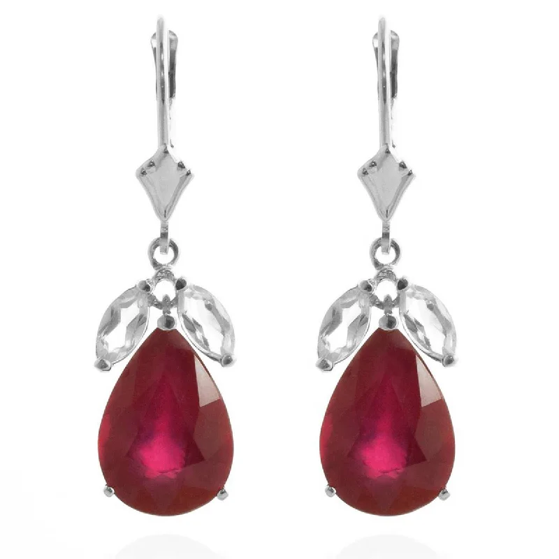 Crystal vein earrings-11 Carat 14K Solid White Gold Leverback Earrings Ruby White Topaz