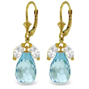 Pentagon stone earrings-14.4 Carat 14K Solid Yellow Gold Leverback Earrings Blue White Topaz