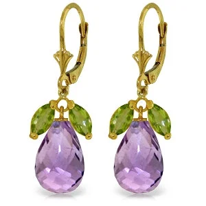 Sealed stone earrings-14.4 Carat 14K Solid Yellow Gold Leverback Earrings Peridot Amethyst