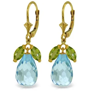 Satin turquoise earrings-14.4 Carat 14K Solid Yellow Gold Leverback Earrings Peridot Blue Topaz