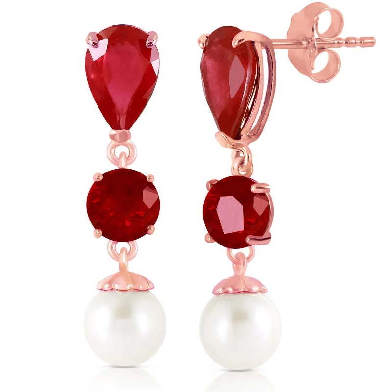 Silk strip earrings-14K Solid Rose Gold Chandelier Fine Ruby & Pearl Earrings