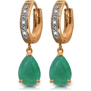 Embossed design earrings-14K Solid Rose Gold Hoop Diamond & Emerald Earrings Gemstone