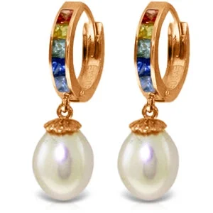 Willow wood earrings-14K Solid Rose Gold Hoop Multicolor Sapphire & Pearl Earrings Certified