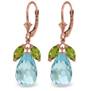 Woven hoop earrings-14K Solid Rose Gold Leverback Earrings Peridot & Blue Topaz Series