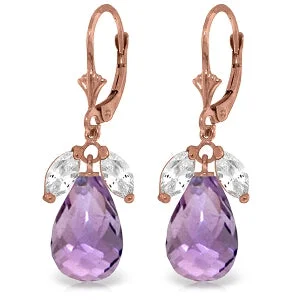 Skewed gem earrings-14K Solid Rose Gold Leverback Earrings w/ Amethysts & Rose Topaz