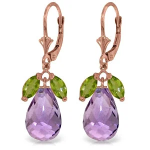 Brushed stud earrings-14K Solid Rose Gold Leverback Earrings w/ Peridot & Amethysts