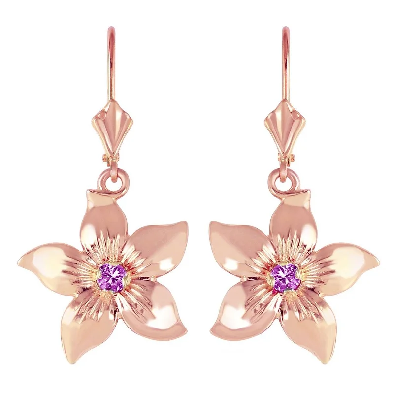 Blend metal earrings-14K Solid Rose Gold Leverback Flowers Earrings w/ Amethysts