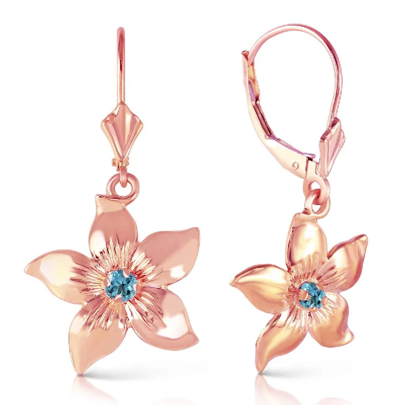 Crest gem earrings-14K Solid Rose Gold Leverback Flowers Earrings w/ Blue Topaz