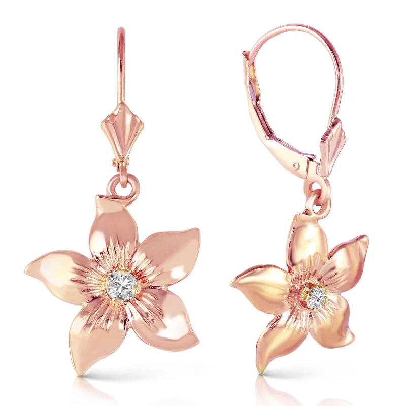 Twisting vine earrings-14K Solid Rose Gold Leverback Flowers Earrings w/ Diamond