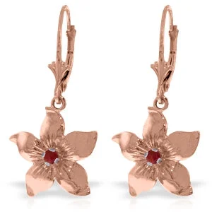 Faceted cut earrings-14K Solid Rose Gold Leverback Flowers Earrings w/ Rubies