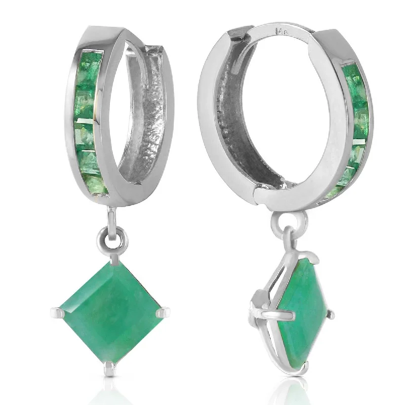 Nailed design earrings-14K. SOLID WHITE GOLD HOOP EARRING WITH DANGLING EMERALDS