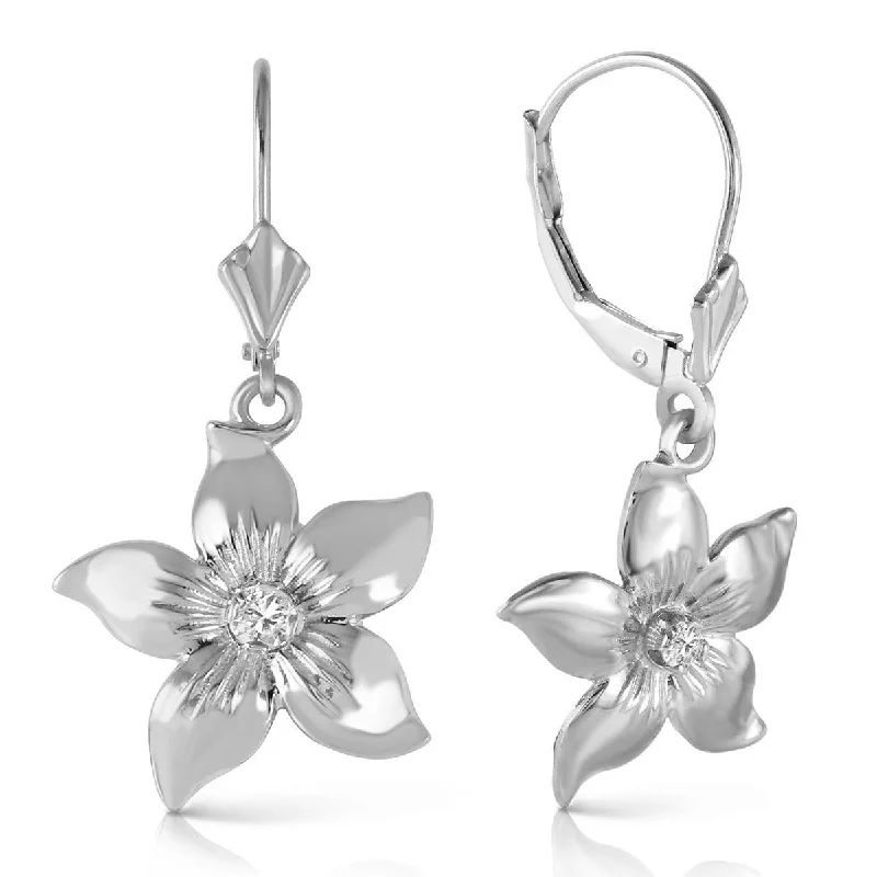 Regency curve earrings-14K Solid White Gold Leverback Flowers Earrings Diamond