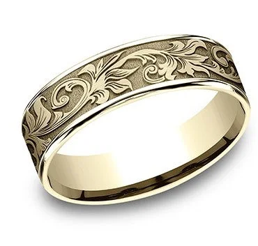 Copper relic ring-14K Yellow Gold Men's 6.5mm Script Pattern Beveled Edge Ring