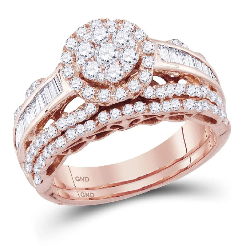 Etched groove ring-14kt Rose Gold Round Diamond Cluster Bridal Wedding Ring Band Set 1-1/2 Cttw