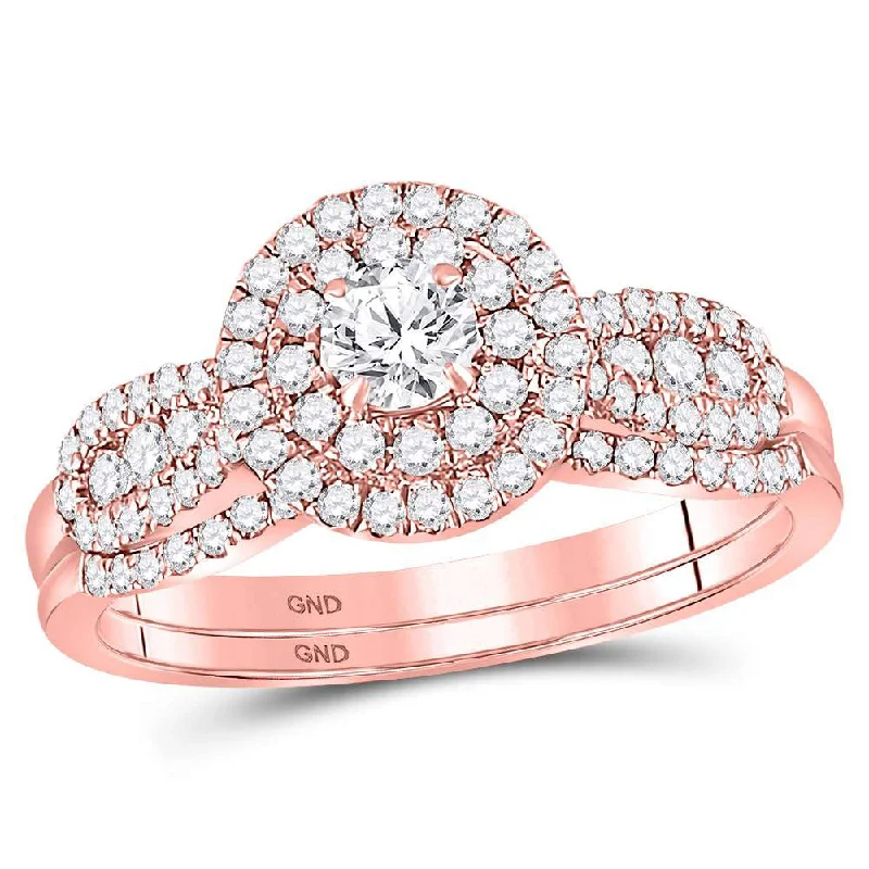 Hooked clasp ring-14kt Rose Gold Round Diamond Halo Bridal Wedding Ring Band Set 3/4 Cttw