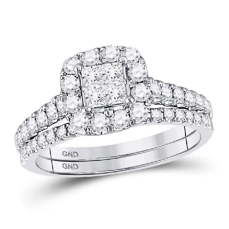 Jointed gem ring-14kt White Gold Princess Diamond Bridal Wedding Ring Band Set 1 Cttw