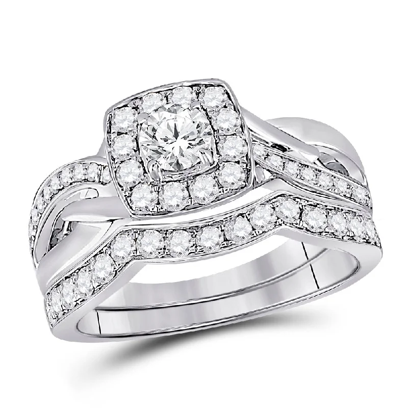 Oat stem ring-14kt White Gold Round Diamond Bridal Wedding Ring Band Set 1 Cttw