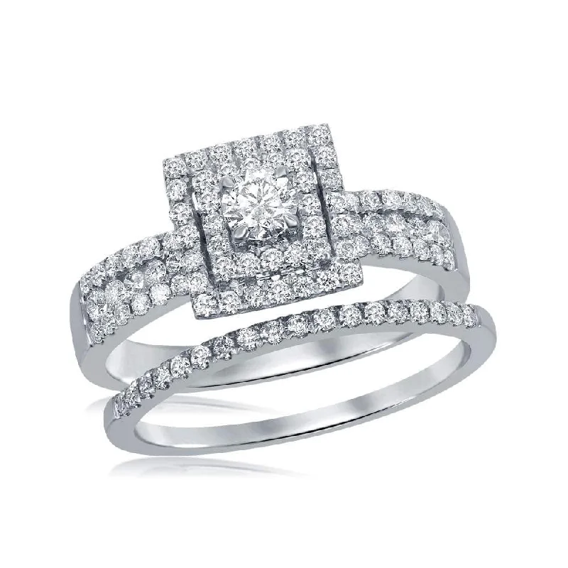 Chipped band ring-14kt White Gold Round Diamond Bridal Wedding Ring Band Set 7/8 Cttw